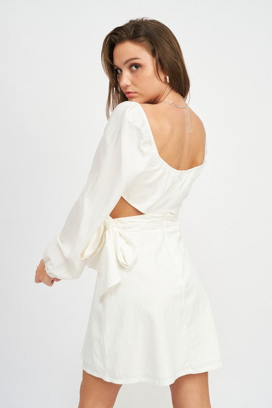 Emory Park Long Sleeve Tie Waist Mini Dress in white with open back and waist tie detail