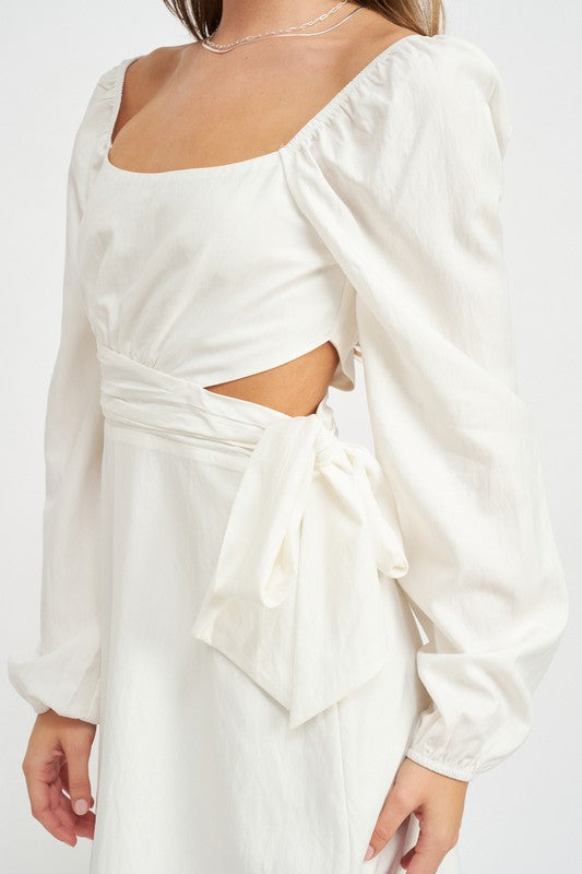 Emory Park long sleeve tie waist mini dress in white with puff sleeves and side cutout detail