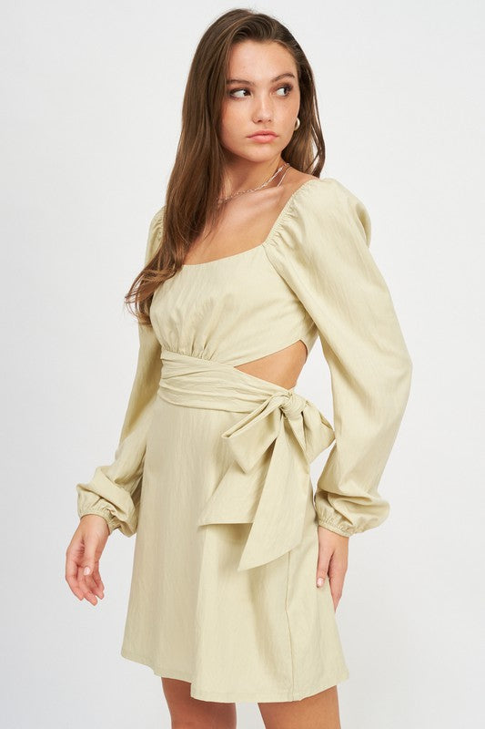 Emory Park Long Sleeve Tie Waist Mini Dress in beige with a side cutout and bow detail