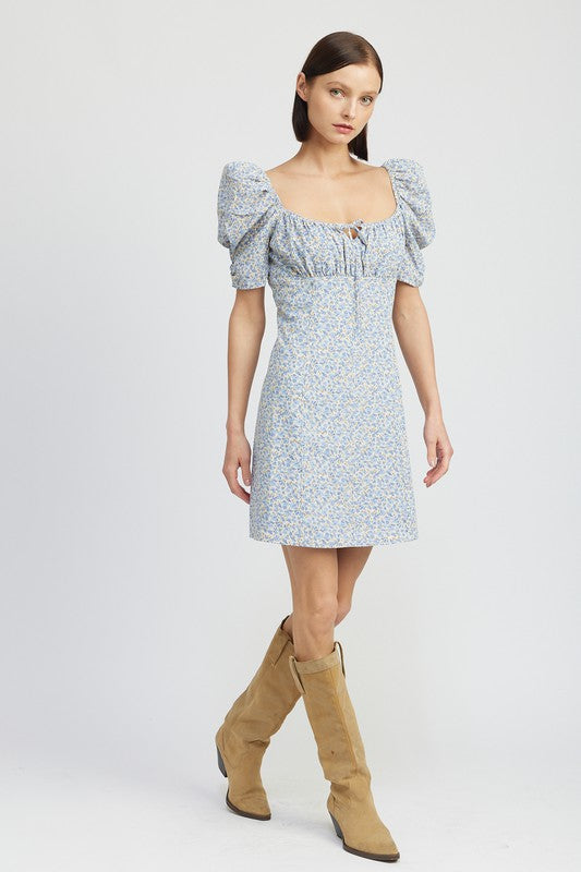 Emory Park Floral Mini Dress With Puff Sleeves in light blue floral pattern worn with tan boots