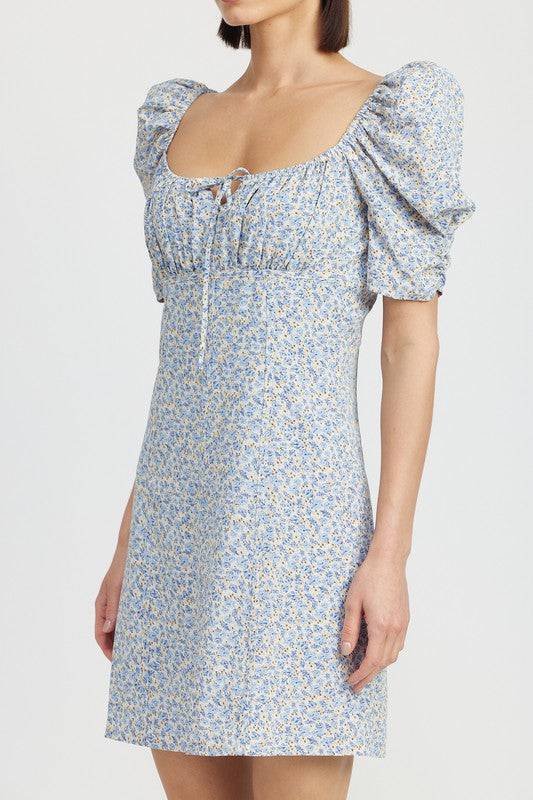 Emory Park Floral Mini Dress With Puff Sleeves in blue with yellow flower pattern and square neckline