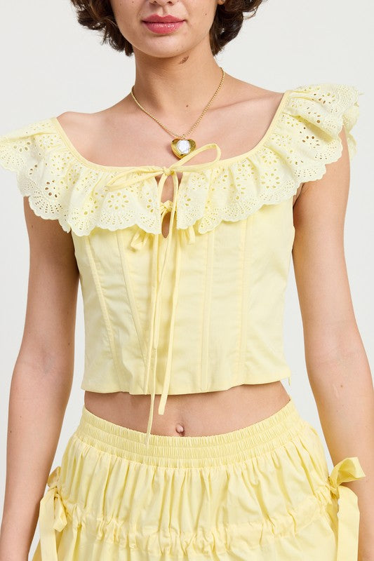 Emory Park yellow Square Neck Ruffle Corset Top with eyelet ruffle detail and tie front