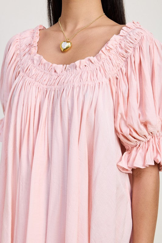 Emory Park Mini Embroidery Short Puff Sleeve Dress in light pink with gathered neckline and puff sleeves
