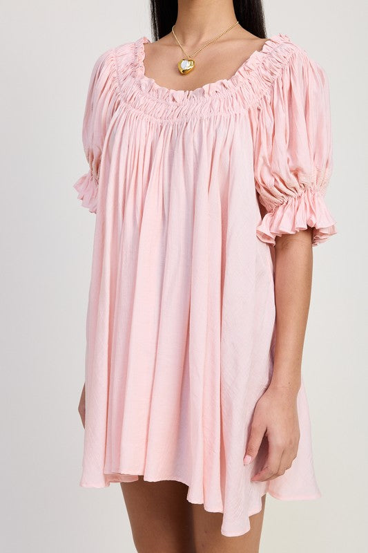 Emory Park Mini Embroidery Short Puff Sleeve Dress in light pink with ruched neckline and puff sleeves