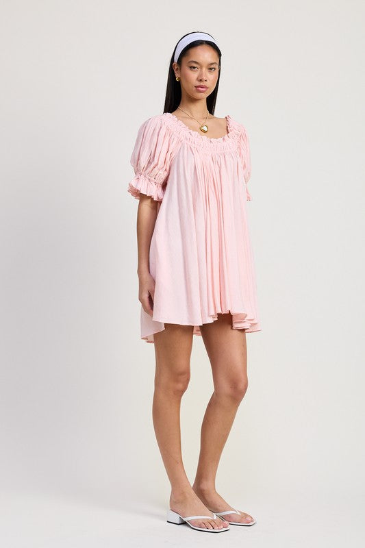 Emory Park Mini Embroidery Short Puff Sleeve Dress in light pink with gathered neckline and puffed sleeves