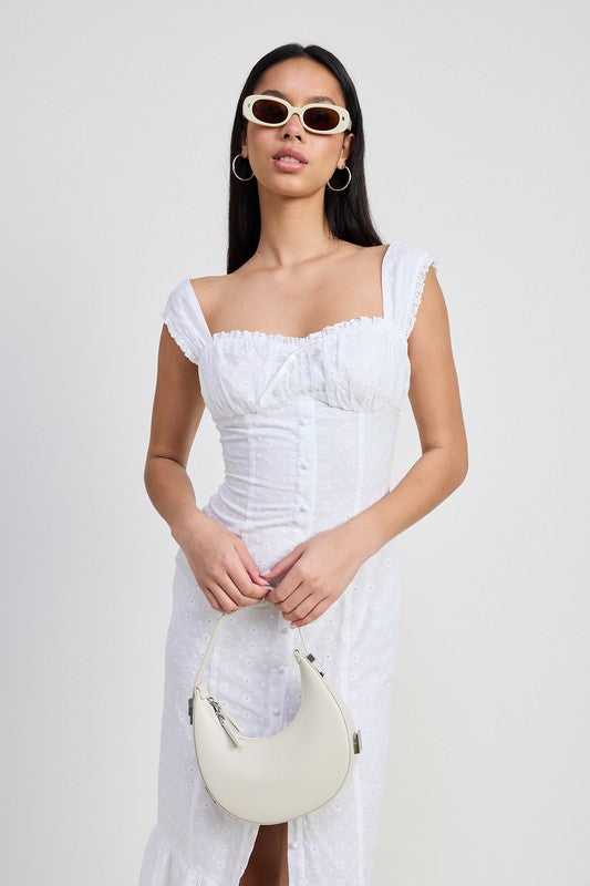 Emory Park Square Neck Midi Cap Sleeve Dress in white worn by model with sunglasses and white handbag