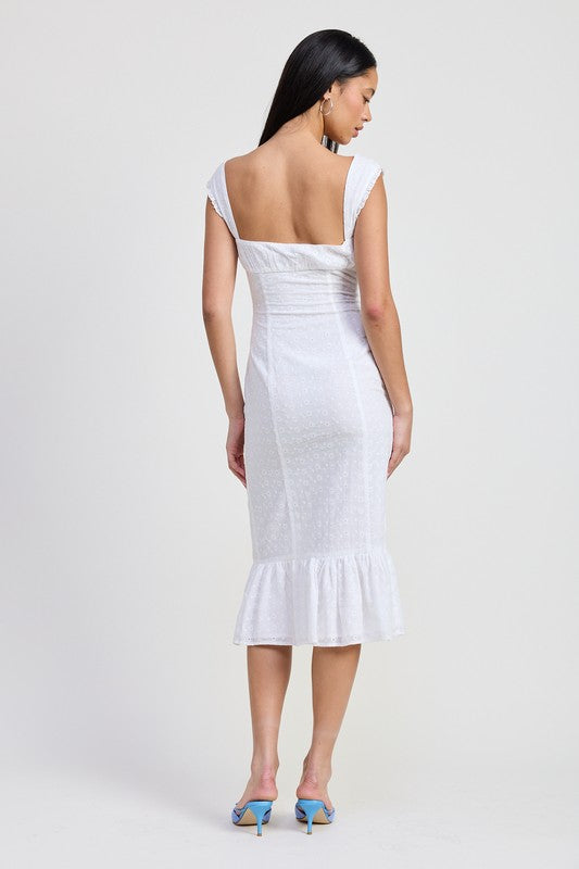 Emory Park white Square Neck Midi Cap Sleeve Dress with ruffle hem and back view