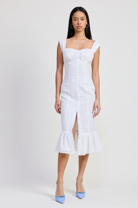 Emory Park white Square Neck Midi Cap Sleeve Dress with button front and ruffle hem