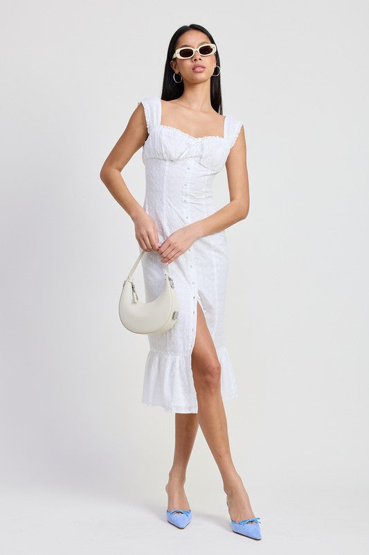 Emory Park Square Neck Midi Cap Sleeve Dress in white with front slit and ruffle hem worn with white handbag and sunglasses