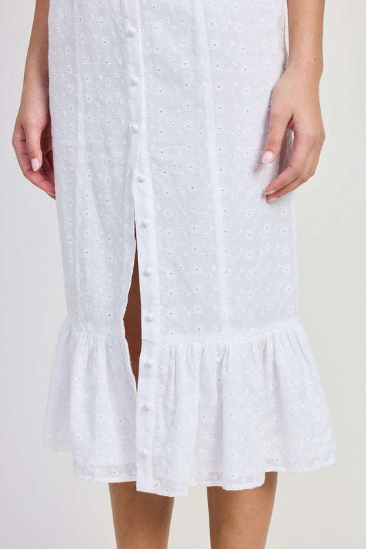 White Emory Park Square Neck Midi Cap Sleeve Dress with eyelet fabric and ruffled hem detail