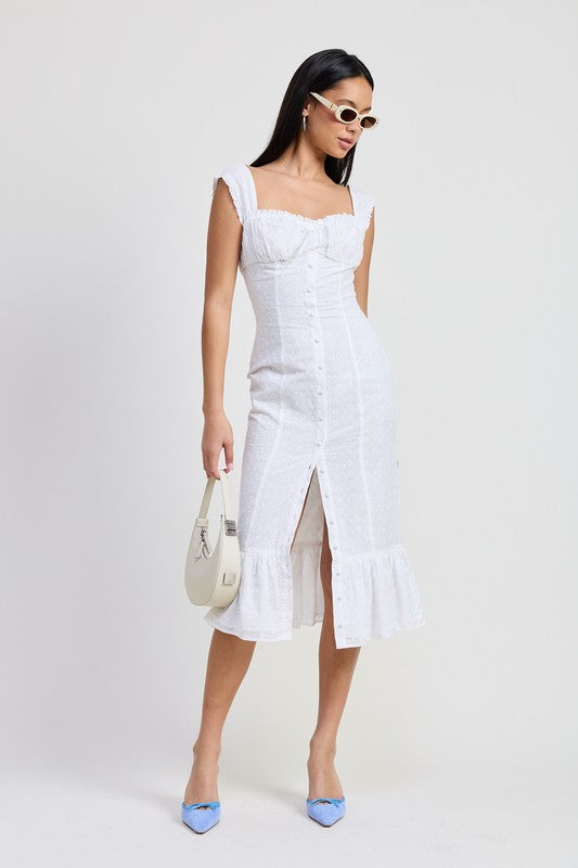 Emory Park white Square Neck Midi Cap Sleeve Dress with button front and ruffle hem worn with sunglasses and blue heels