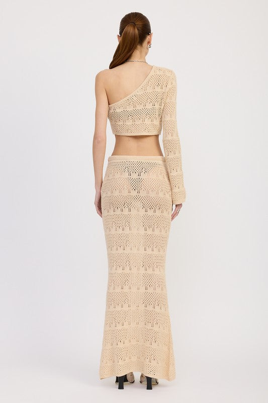 Emory Park beige one shoulder crochet crop top with matching long crochet skirt outfit