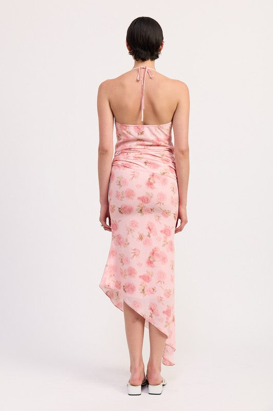 Emory Park pink floral asymmetrical ruched mermaid skirt with halter neck model back view