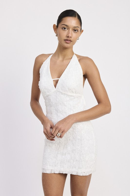 Emory Park Halter Neck Mini Lace Dress With Back Tie in white worn by model with sleeveless design