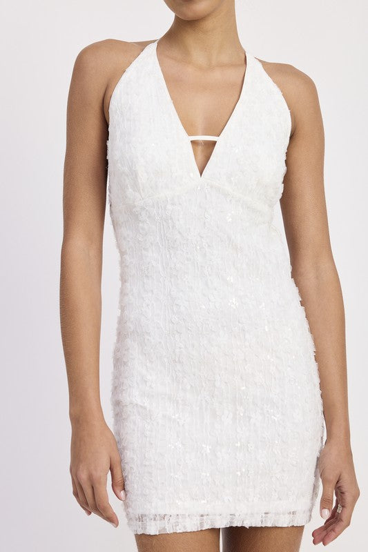 Emory Park Halter Neck Mini Lace Dress With Back Tie in white featuring a deep V neckline and textured lace fabric
