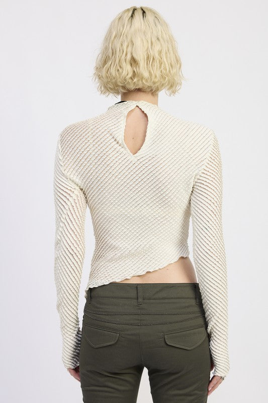 Back view of Emory Park Long Sleeve Boat Neck Top with textured fabric and keyhole detail