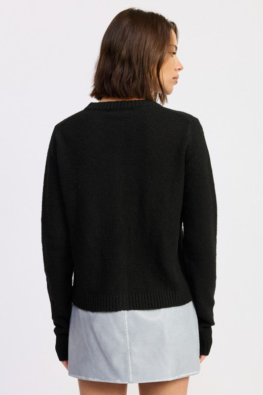Emory Park Fitted Button-Up Cardigan in black, featuring a cozy knit design and long sleeves.