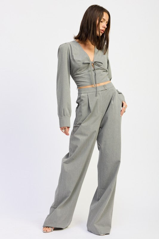 Emory Park Pleated Wide Leg Trousers With Rhinestones in stylish gray perfect for casual outings.