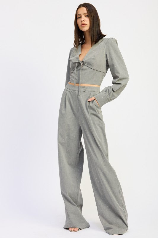 Emory Park Pleated Wide Leg Trousers With Rhinestones in stylish gray, perfect for fashionable outfits
