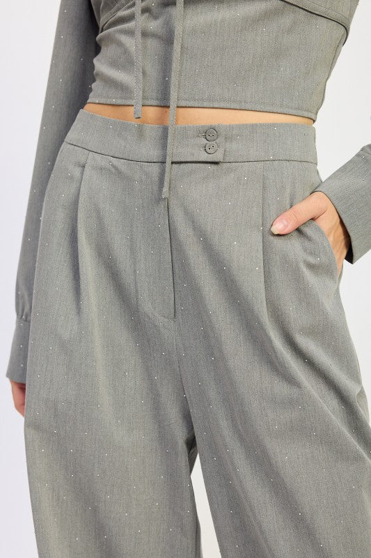 Emory Park Pleated Wide Leg Trousers With Rhinestones featuring a stylish button closure and side pockets