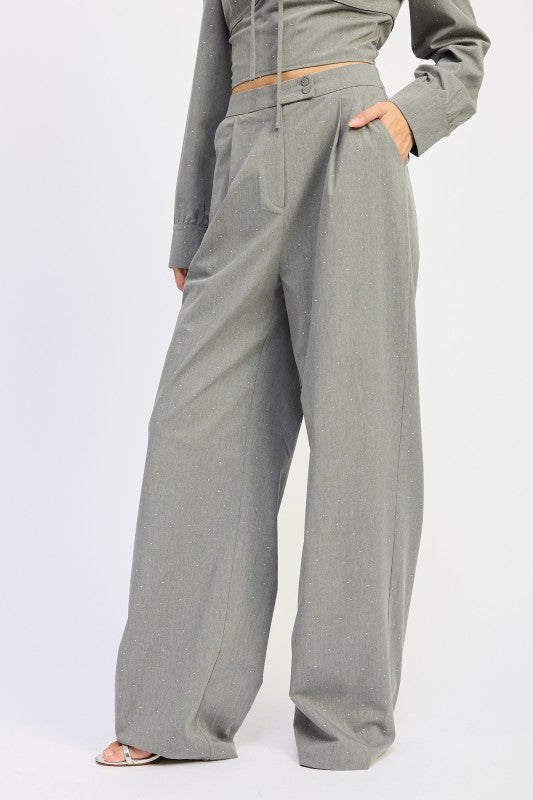 Emory Park Pleated Wide Leg Trousers With Rhinestones in gray featuring a stylish high waist design