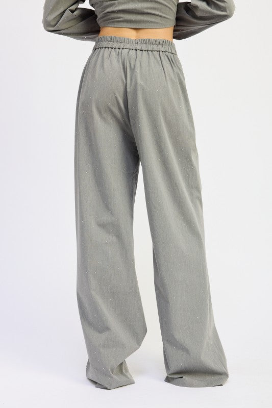 Emory Park Pleated Wide Leg Trousers With Rhinestones in gray featuring an elastic waistband