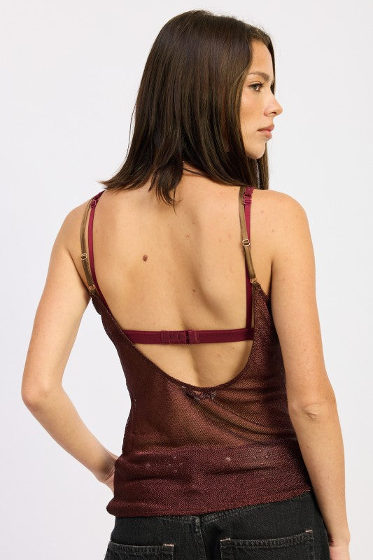 Emory Park Metallic Chainmail Bias Cami Top in Burgundy with a stylish open back design