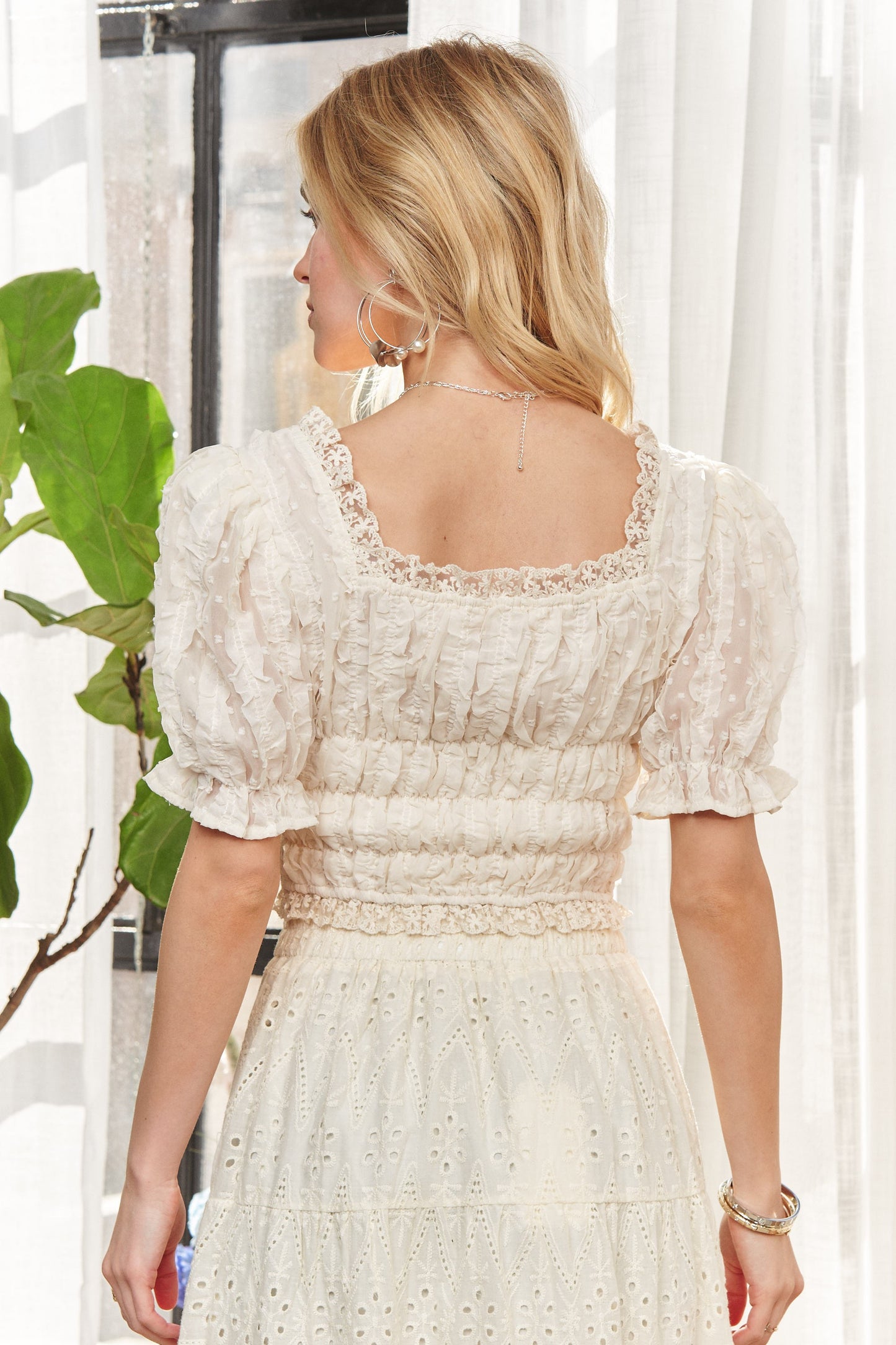 Lace Smocked Waist Peasant Top