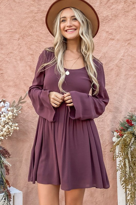 Back Lace Button Down Detail Bell Sleeve Dress