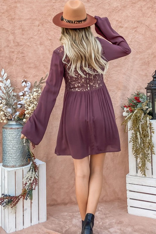 Back Lace Button Down Detail Bell Sleeve Dress