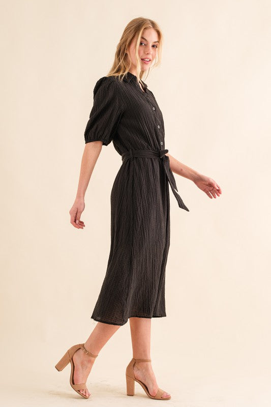 Waffle Textured Ribbon Waist Midi Dress