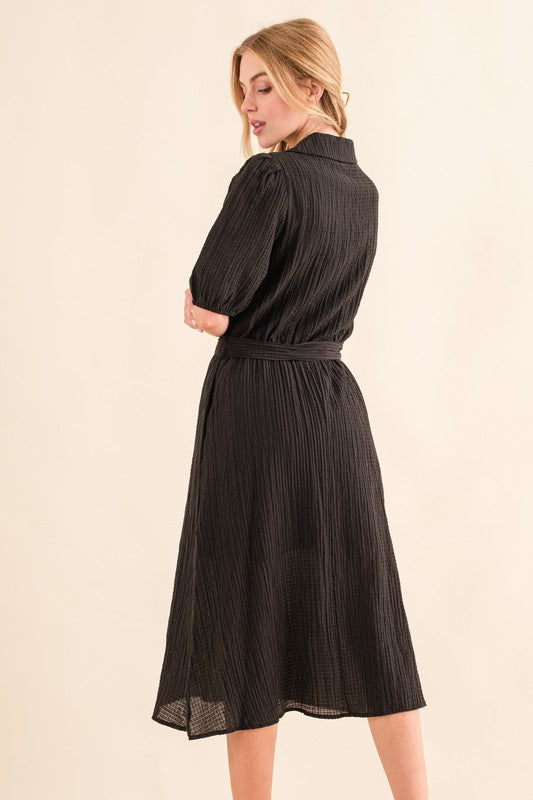 Waffle Textured Ribbon Waist Midi Dress