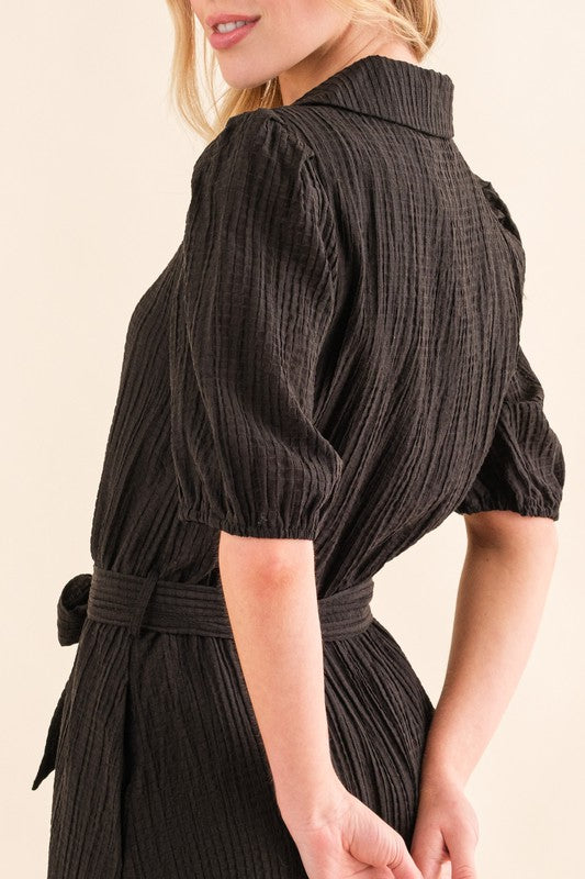 Waffle Textured Ribbon Waist Midi Dress