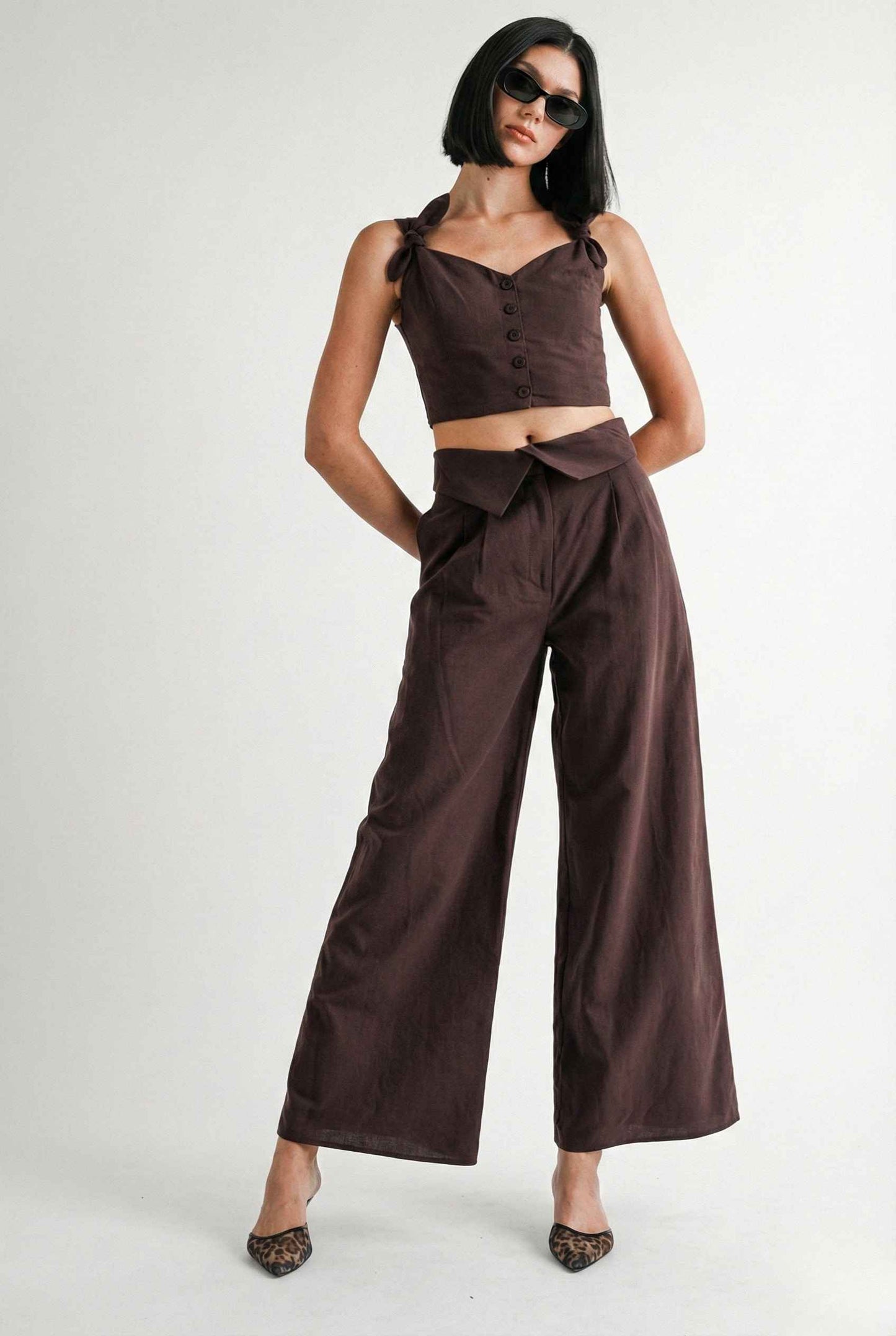 Aria Top Chocolate Linen Blend Button Front Tie Crop Top