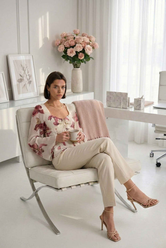 Woman wearing a Aria Top Ivory Floral Tie-Front Bell Sleeve Blouse sitting in a modern office chair holding a cup, with a vase of flowers and office supplies in the background.