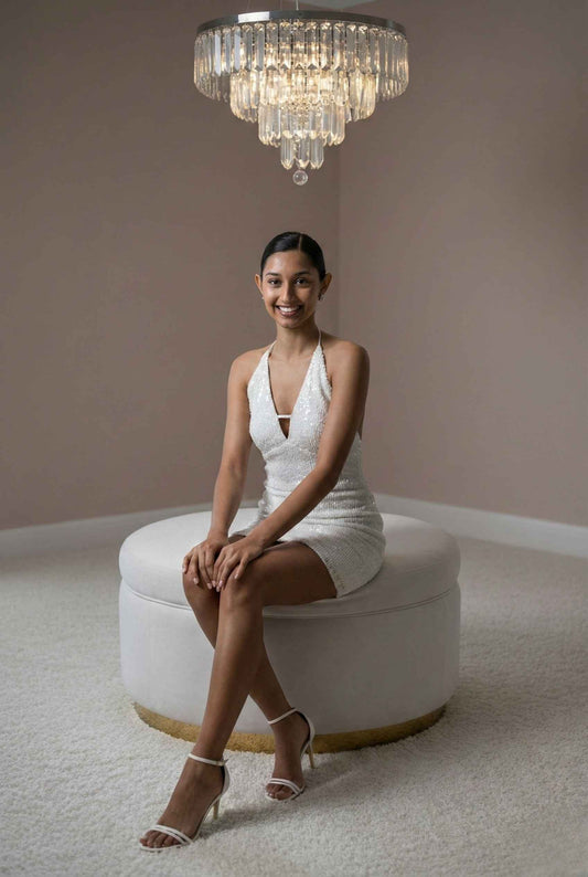 Woman wearing Bianca Mini Ivory Sequin Plunge Halter Dress With Back Tie in Ivory paired with strappy heels posing on ottoman with crystal chandelier in pink room