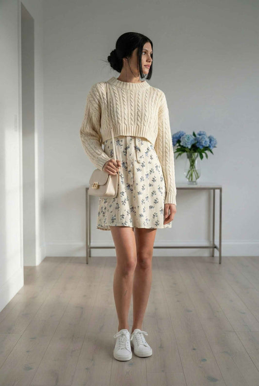 Model wearing Cecily Mini Ivory Floral Bow Tie Dress with floral print and ruffled straps paired with knit sweater and sneakers standing in minimalist room with flowers