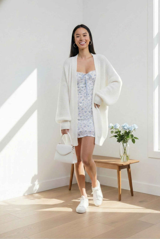 Model wearing Chloe Mini Blue Floral Mesh Tie Front Dress with cardigan sneakers and handbag posing in minimalist room