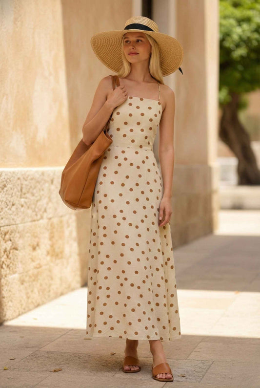 Model wearing Clara Maxi Cream Polka Dot Square Neck Open Back Dress with slides straw hat and tote on vacation sightseeing