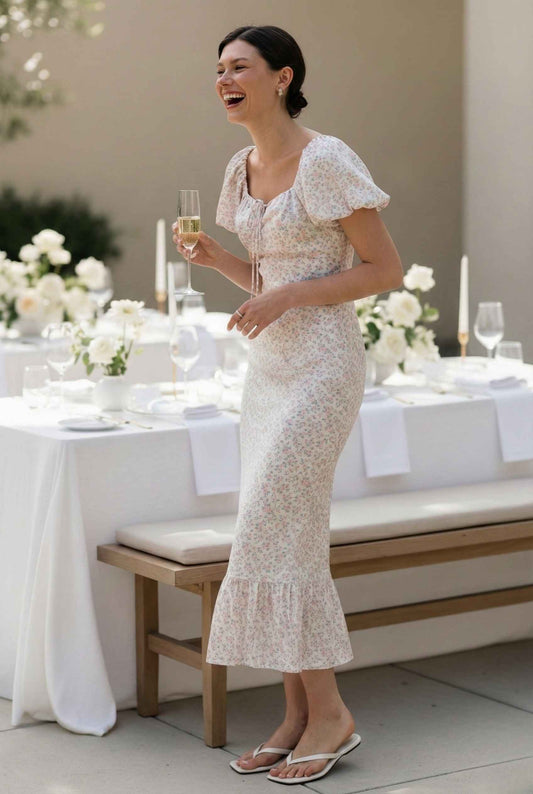 Model wearing Clara Midi Pink Puff Sleeve Floral Satin Dress in light floral pattern with ruffle hem laughing with a drink outdoor wedding reception