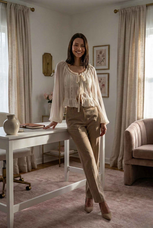 Woman wearing a Clara Top Cream Sheer Chiffon Tie-Front Balloon Sleeve Blouse standing in a home office with beige curtains and a desk.
