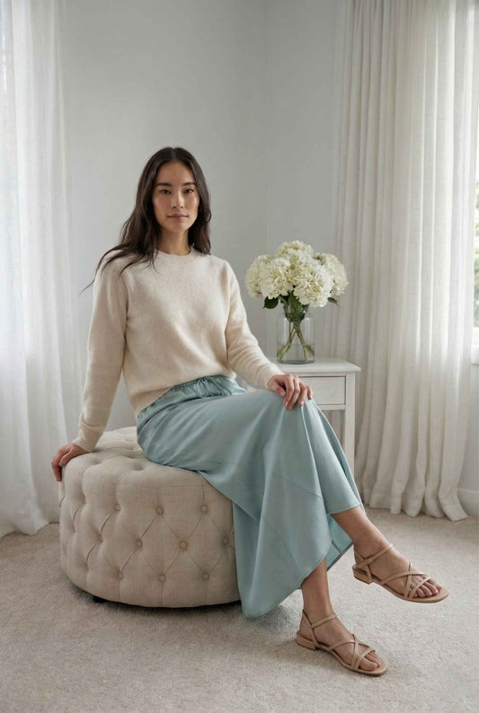 Woman wearing a Cleo Skirt Light Blue Satin Drawstring Maxi Skirt sitting on a beige ottoman in a room with white curtains and a vase of flowers.