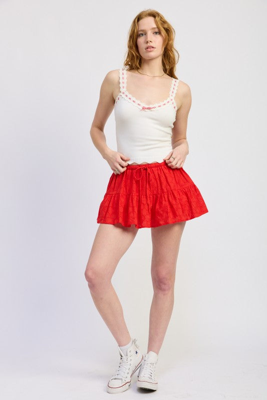 Clara Top | White Knit Tank with Pink Scallop Trim & Bow – Elevate