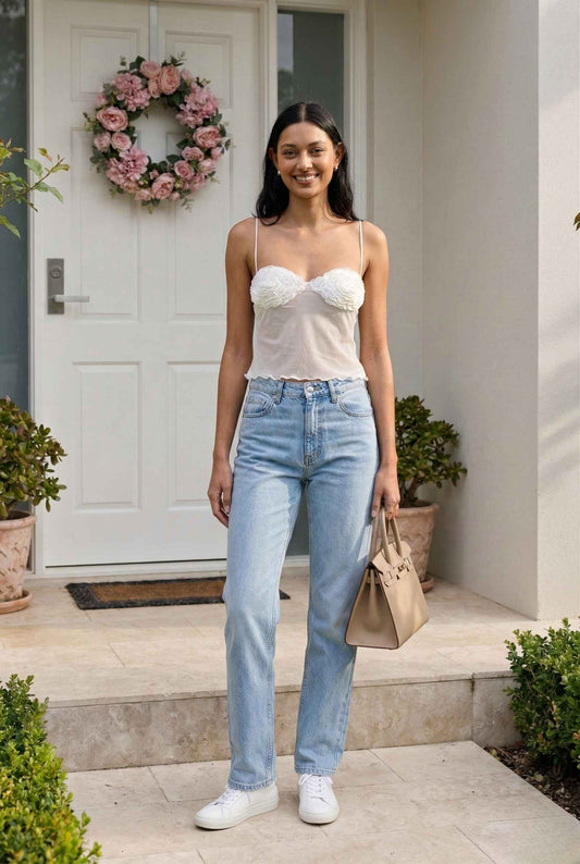 Woman wearing a Elara Top White Sheer Mesh Camisole with 3D Floral Cups standing on a porch wearing a white top and light blue jeans, holding a beige handbag.