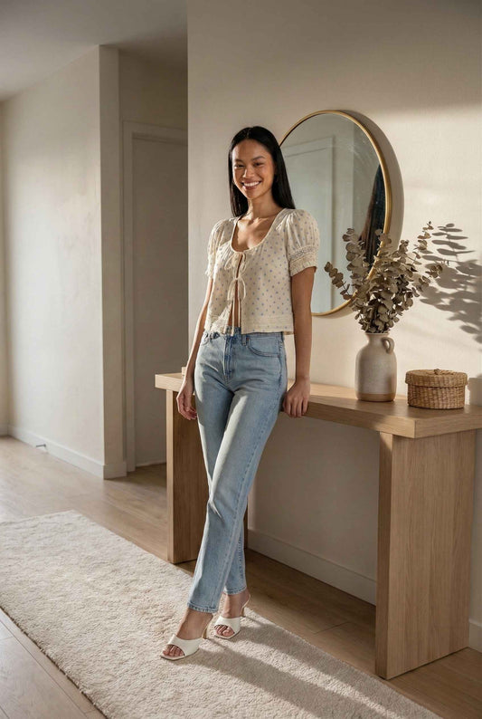 Woman wearing a Elsie Top Ivory & Blue Polka Dot Linen Tie-Front Blouse standing in a room with a wooden console table and mirror.