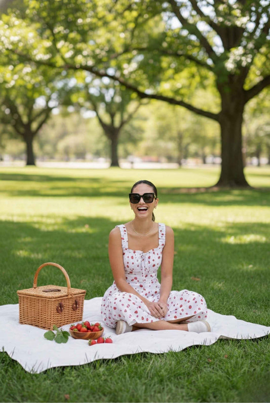Woman wearing a Felicity Midi Red Strawberry Print Tiered Dress, sitting on a picnic blanket in a park with a basket and food.