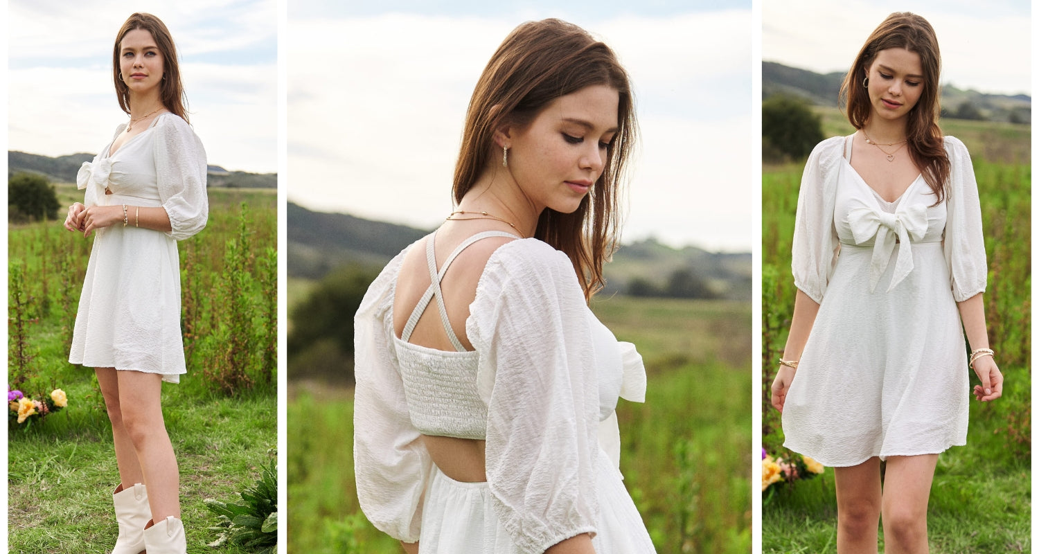 3 images of Davi + a woman in Dani Puff Sleeve Mini Dress in white with a bow accent and flowing skirt for a stylish look