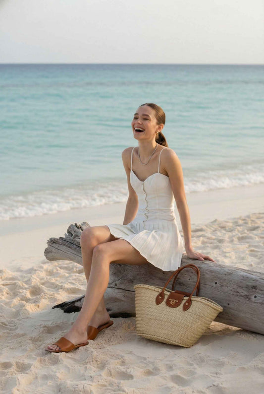 Woman in a Harper Mini White Ruched Strapless Cotton Dress sitting on a log by the ocean with a straw bag beside her.
