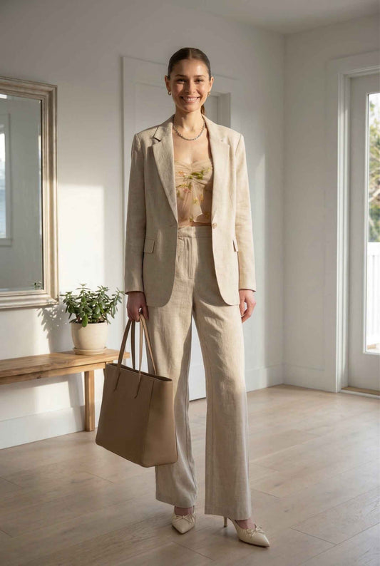Woman in a Hazel Top Yellow Floral Sheer Chiffon Square Neck Blouse standing in a bright room with a plant and bench.