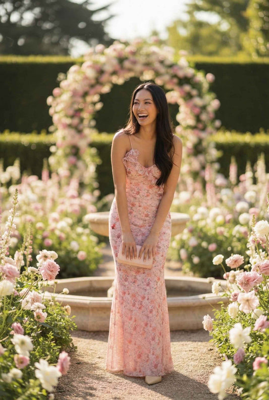 Woman in a Julianna Maxi Pink Floral Ruffle Slip Dress standing in a garden with a floral arch in the background